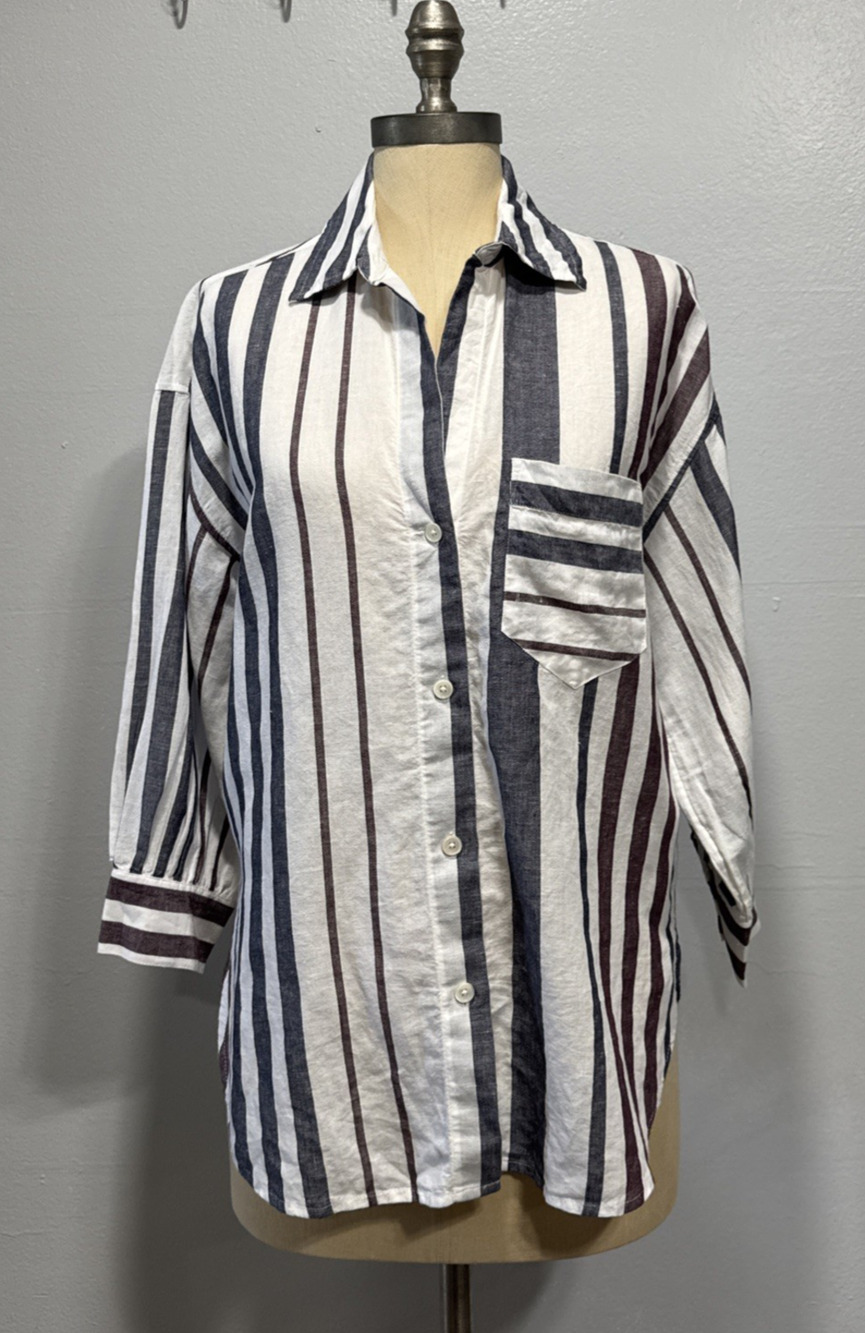 MADEWELL Striped Button-Up Shirt in Linen-Cotton Womens S Shirred 3/4 Sleeves